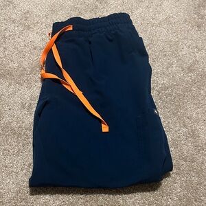 Navy Drawstring Wide-Leg Jumpsuit Pants with Orange Tie